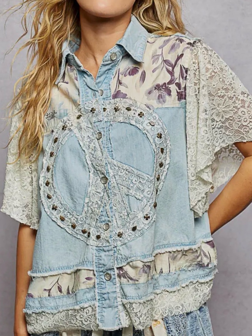 NEW POL ARRIVAL 5/11: The Patrice”Boho Lace-Trim Chambray Button-Up Top